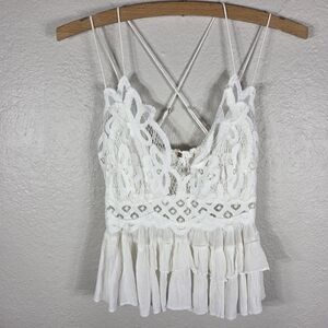 Free People Adella Cami Top White Size M Lace Boho Ruffle Spagetti Strap